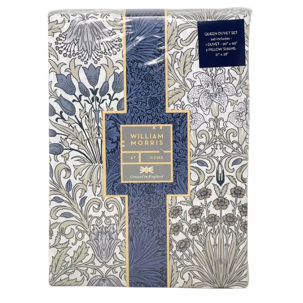 WILLIAM MORRIS England QUEEN Cotton Percale Garden Natural Blue Duvet Cover Set
